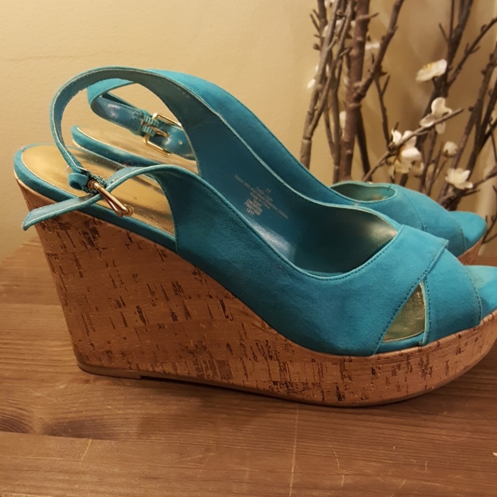 Turquoise slingback wedges